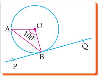 Tangent PQ to circle, angle AOB=100