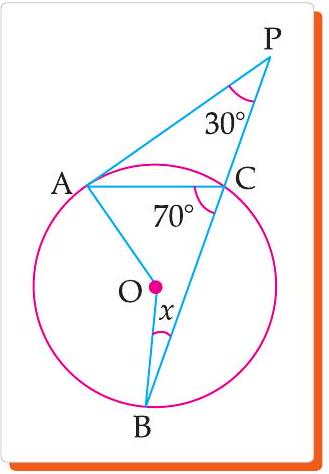 Tangent PA and secant PCB, angle ACB=70, angle APB=30
