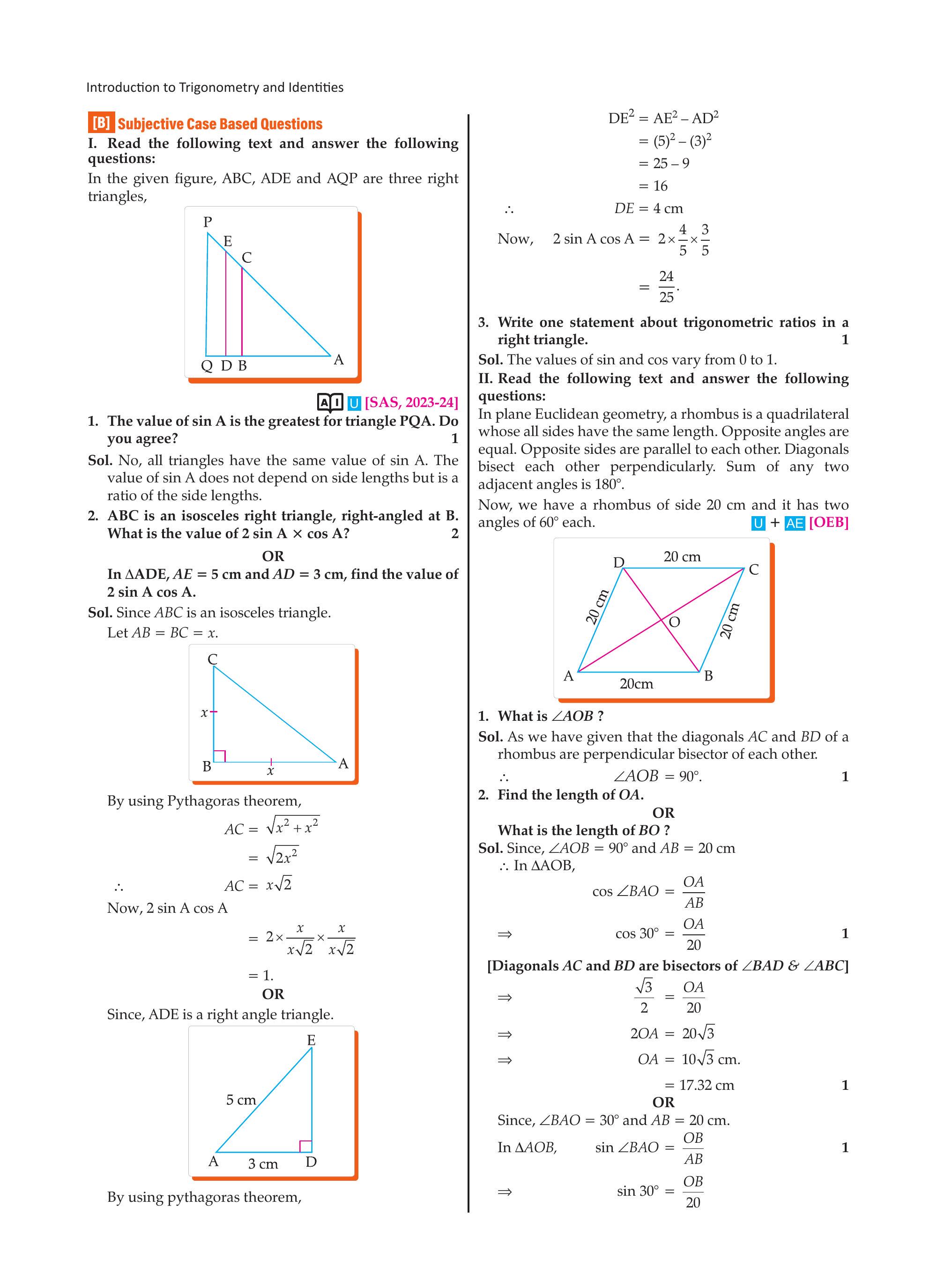 Three right triangles ABC, ADE and AQP