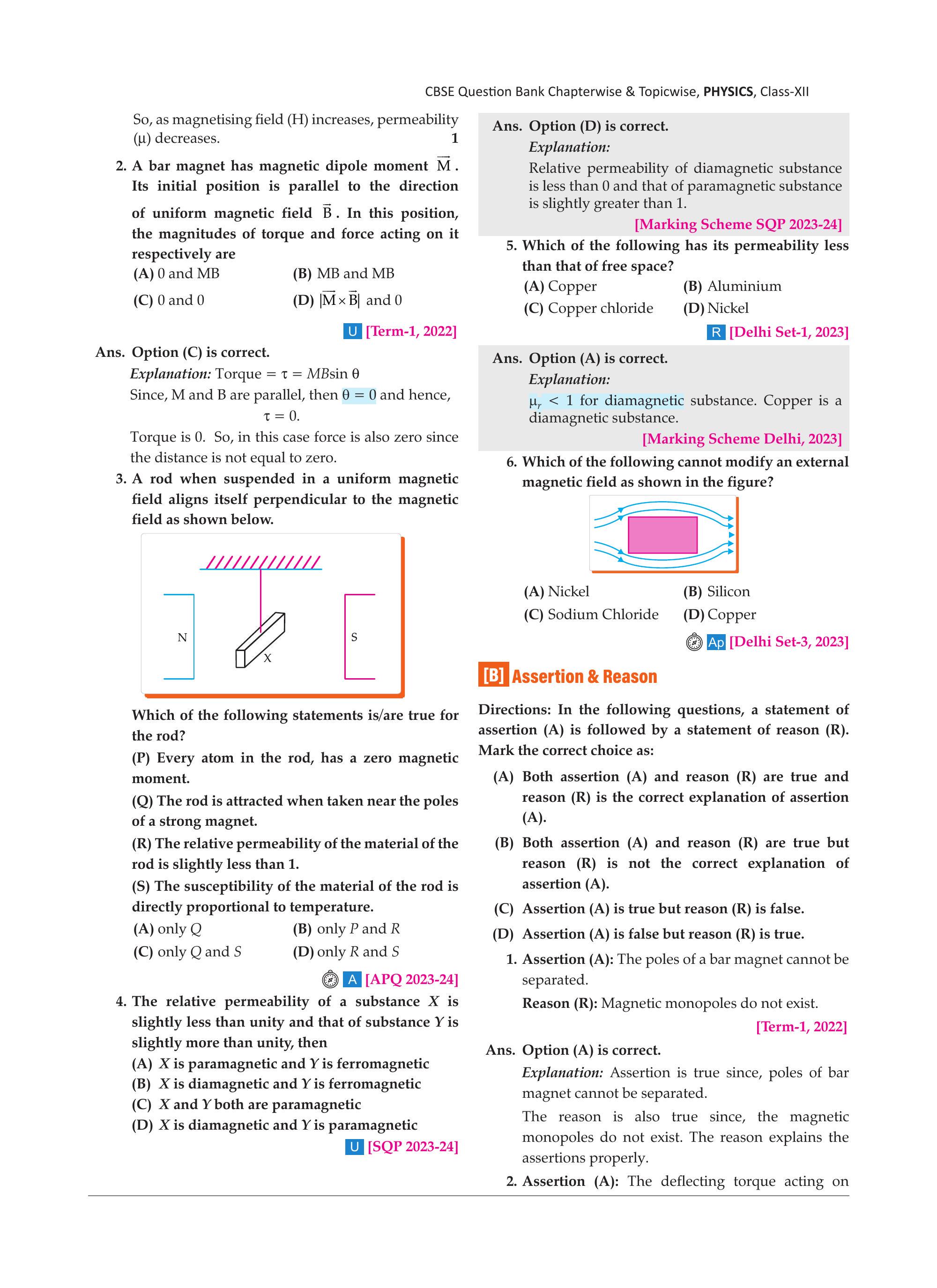 CBSE Class 12 Physics Magnetism And Matter Previous Year Questions ...