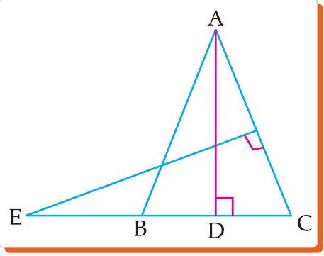 Isosceles triangle ABC with E on CB extended